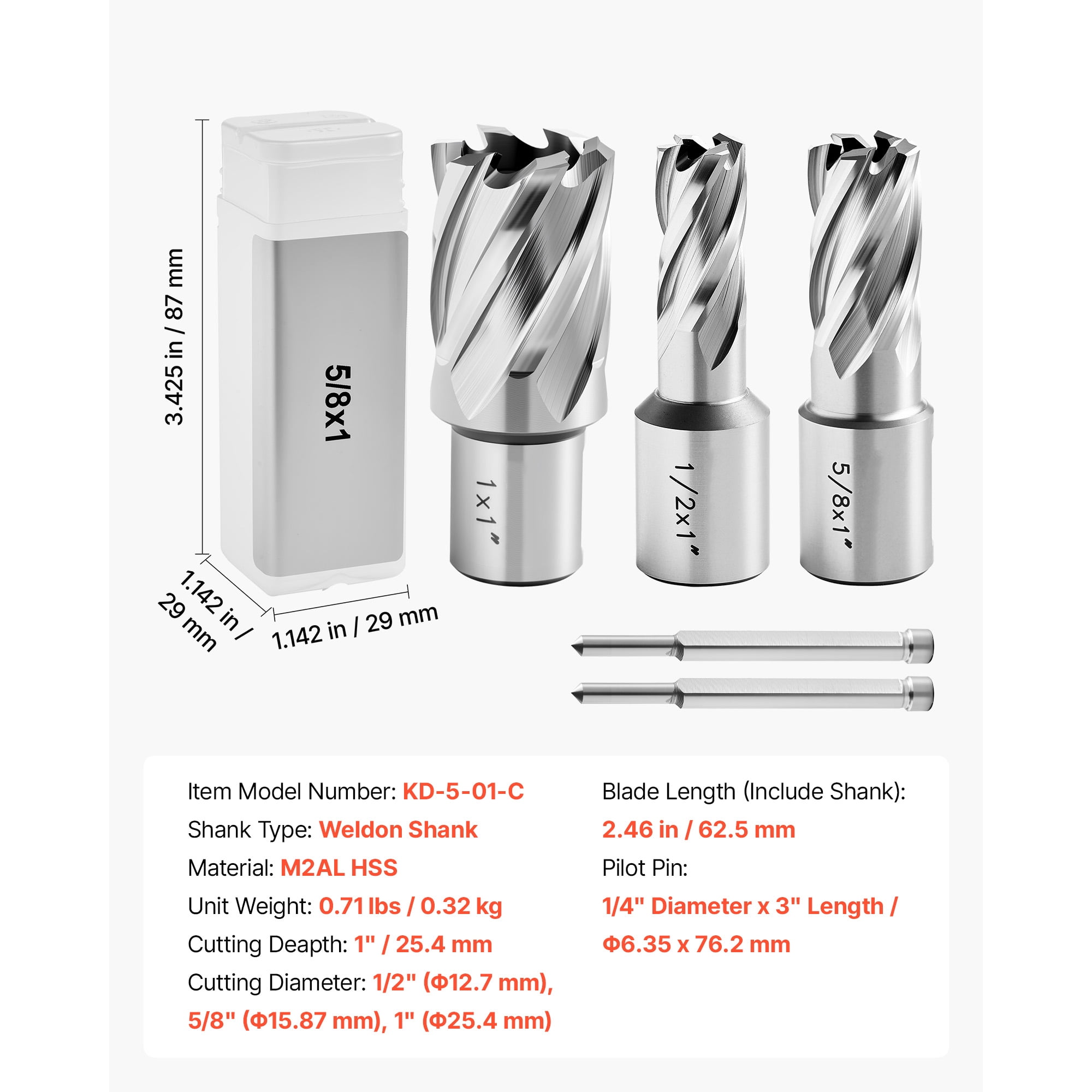 KFFKFF Annular Cutter Set, 5-Piece Weldon Shank Drill Bit Kit, 1" Depth, 1/2", 5/8", 1" Diameters, HSS Material, Includes 3 Drill Bits, 2 Pilot Pins, and 3 Plastic Cases