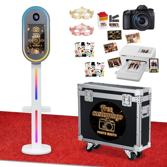 Mirror Photo Booth with Camera and Printer, DSLR Photo Booth with 15.6" Touch Screen, Built-in Mini PC, Flight Case, App Control – Perfect for Weddings, Parties and Event Rentals (White)