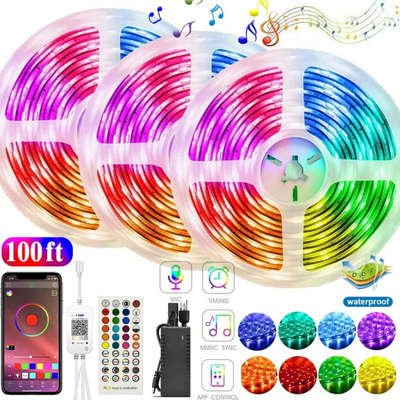 100Ft Smart LED Strip Lights, Dimmable Color Changing by 44Key Remote Controller Ultra Long Strip Lights, Sync to Music Light Strips
