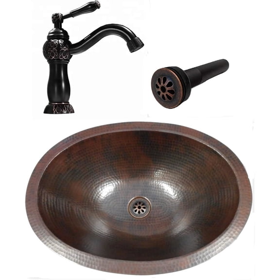 16" Oval Copper Bathroom Sink Perfect for Limited Space, 9" Faucet & Daisy Drain Included