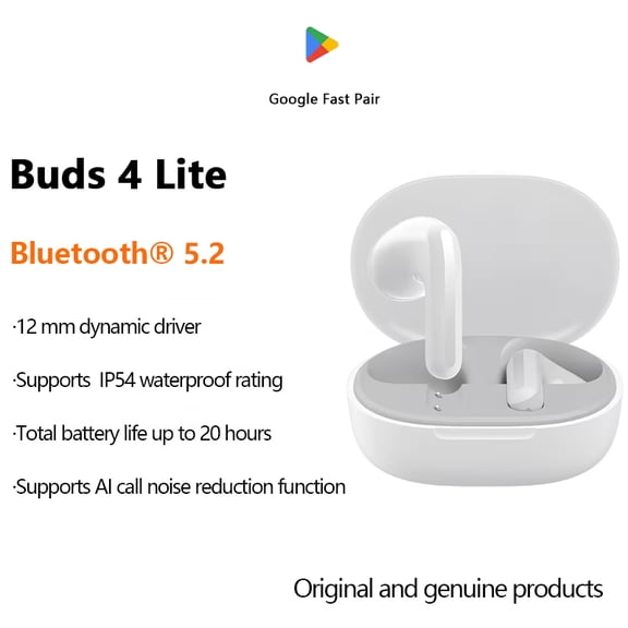 Buds 4 Lite Bluetooth Earphones 5.3, in-ear earphones, wireless Bluetooth, 20-hour battery life, AI noise cancellation for calls, touch controls, quick connection, IP54, white.