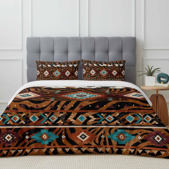 Queen Size Duvet Cover 4 Piece Bedding Set Western Tribal Geometric Diamond Bed Sheet Sets Soft Microfiber Comforter Cover with Flat Sheet 2 Pillow Shams