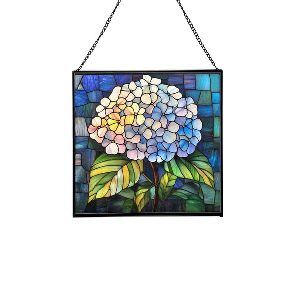 Hydrangea Flower Stained Glass Panel Suncatcher Square Window Hanging, 8 Inch Real Glass Decorative Art Sun Catcher for Home, Gift, and Garden Decor 75OR14