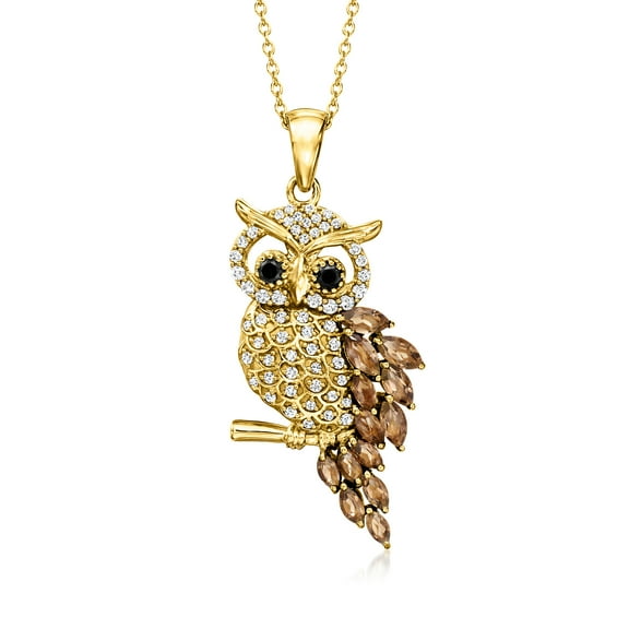 Ross-Simons 1.00 ct. t.w. Smoky Quartz, .50 ct. t.w. White Zircon and .10 ct. t.w. Black Spinel Owl Pendant Necklace in 18kt Gold Over Sterling, Women's, Adult