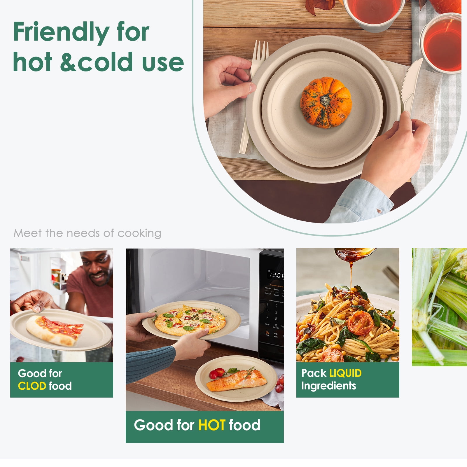 Gezond Compostable Paper Plates Set 300 Pieces, Disposable Plates 10 inch and 7 inch Eco-frinedly Heavy-duty Paper Plates Made From Sugarcane Fibers with Biodegradable Utensils and Napkins for Party