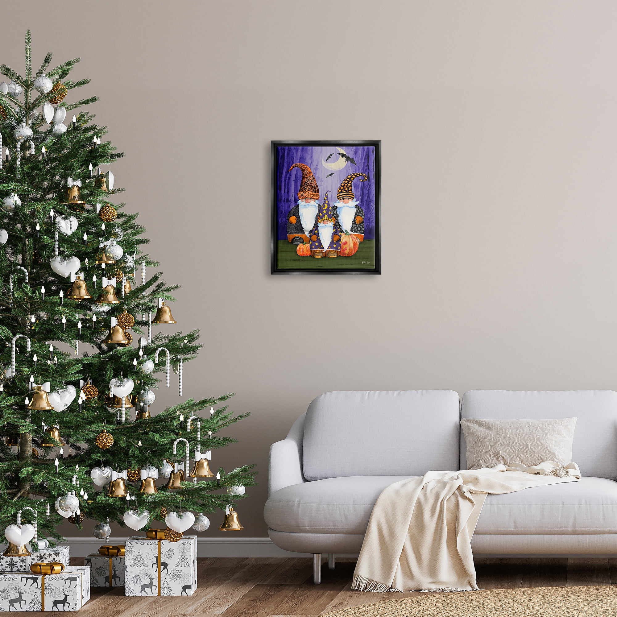Stupell Industries Three Halloween Gnomes Holiday Painting Black Floater Framed Art Print Wall Art, 17 x 21