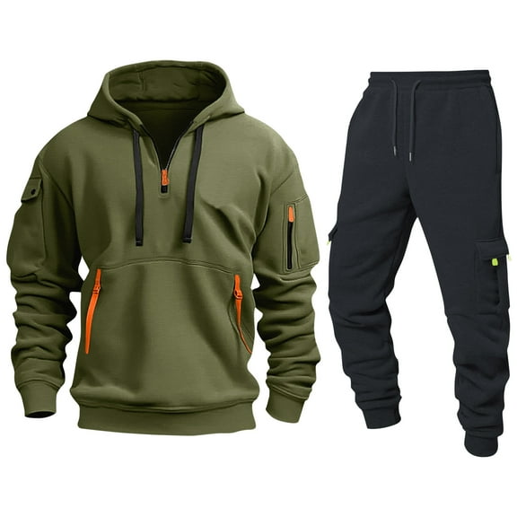 CharmCyan Men’s 2 Piece Tracksuit Set – Casual Hoodie Sweatshirt with Zipper Pockets and Drawstring Jogger Pants, Athletic Sportswear Outfit Army Green L
