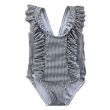 Bilo store Baby Girl Ruffle Striped Swimsuit One-Piece (100/18-24 Months, Black)