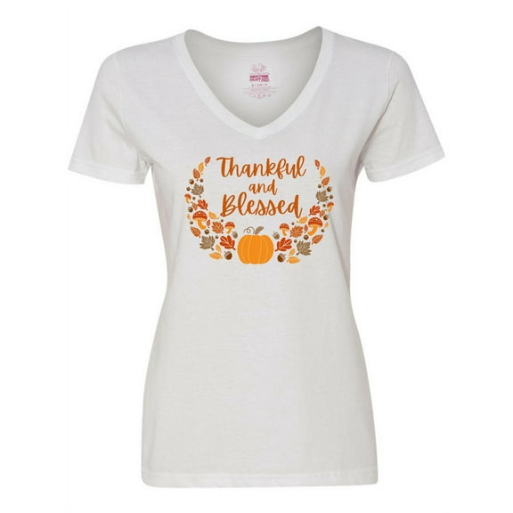 Inktastic Thankful and Blessed Pumpkin and Fall Leaves Women's V-Neck T-Shirt