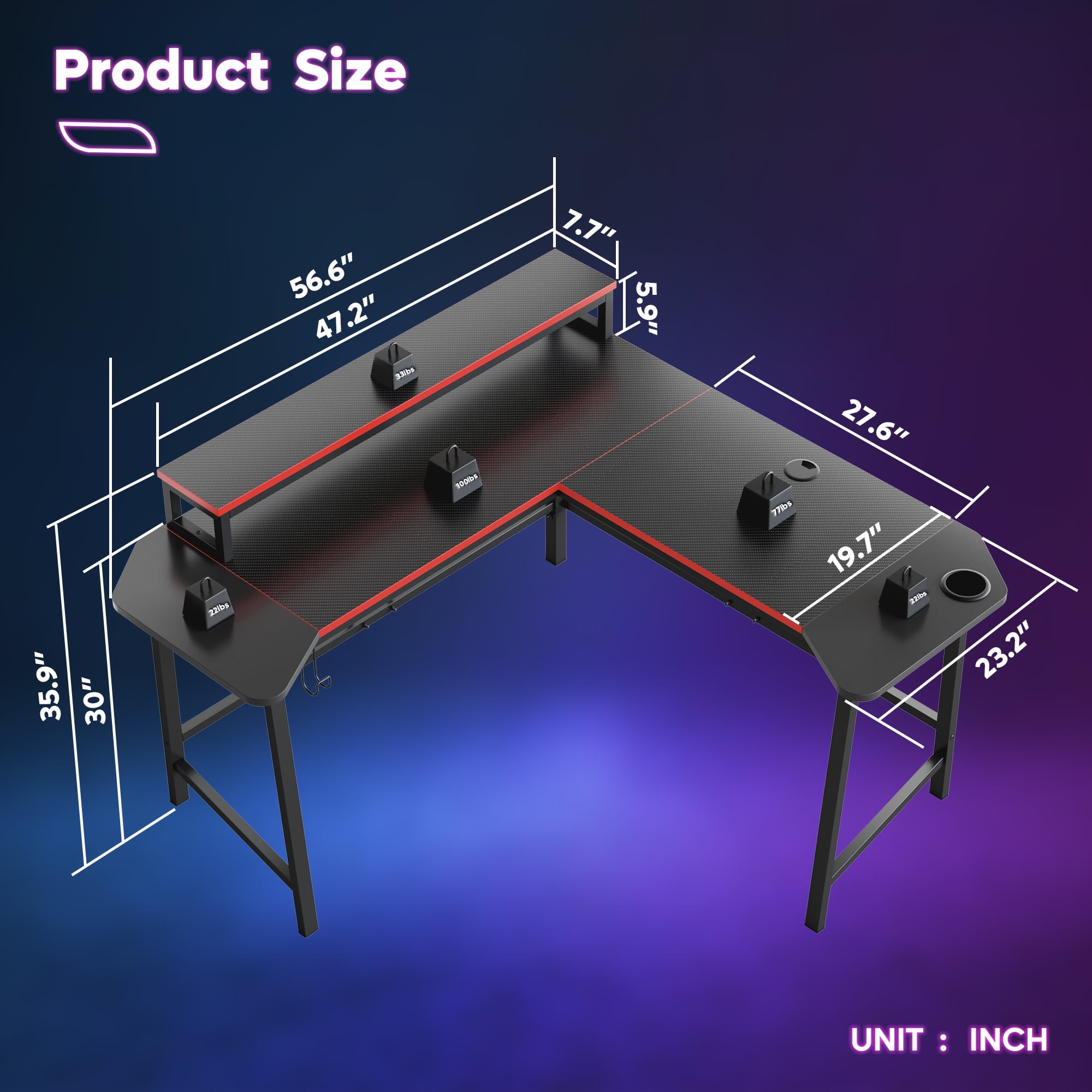 Bestier L-Shaped Gaming Desk 57 Inch Corner Computer Desk with LED Lights & Monitor Riser, Carbon Fiber