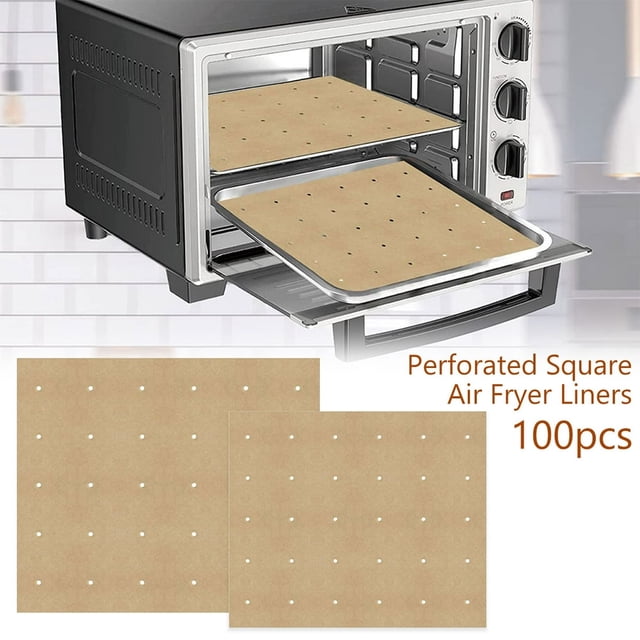 100Pcs Parchment Paper Air Fryer Paper Liner Double-sided Silicone Air Fryer Lining Unbleached Perforated Square Air Fryer Liners for Toaster Countertop Large Toaster Oven