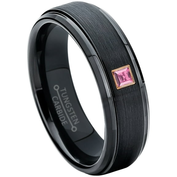 0.05ctw Princess Cut Pink Tourmaline Tungsten Ring - 6MM Brushed Black IP Stepped Edge Tungsten Carbide Wedding Band - October Birthstone Ring - 14kt Rose Gold Bezel - TN085PSRG-1PTMs6