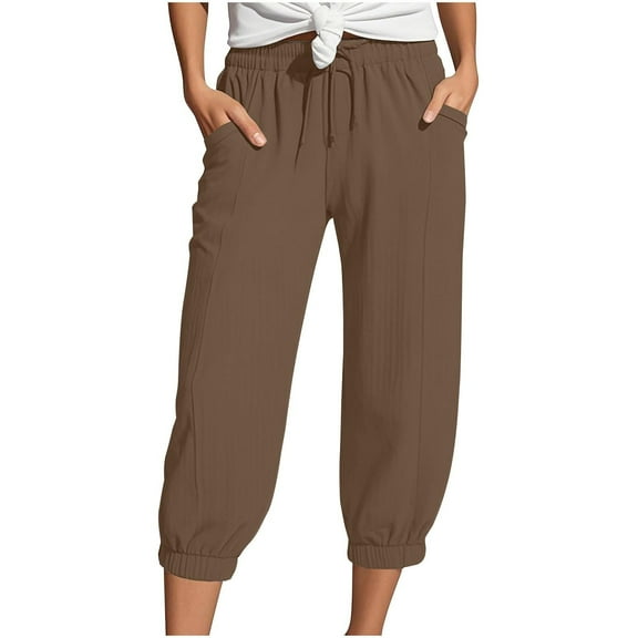 Tianiyouqing Linen Pull on Gaucho Capri Pants for Women Petite Length Wide Leg Elastic Waist Stretch Straight Leg Trousers High Waisted Drawstring Short Gauze Pants Coffee XXL