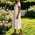 thumbnail image 6 of VBVC Women's Cotton Linen Button Down Midi Dress, Summer V-Neck Beach Dress For Women, Ladies' Short Sleeve High Waist Dress with Pockets,Beige,S-2XL, 6 of 7
