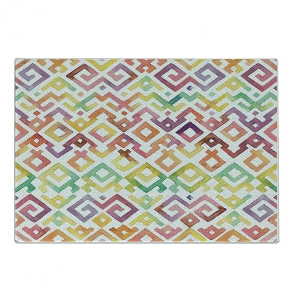 Watercolor Cutting Board, Ornamental Pattern Twisted Lines Geometric Boho Design, Decorative Tempered Glass Cutting and Serving Board, Small Size, Multicolor, by Ambesonne