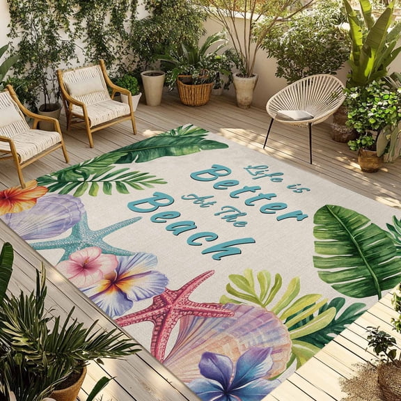 Fsddascl Summer Tropical Palm Leaf Outdoor Rug for Patio/Deck/Porch, Non-Slip Large Area Rug 5 x 8 Ft, Floral Coastal Starfish Retro Indoor Outdoor Rugs Washable Area Rugs, Camping Rug Carpet