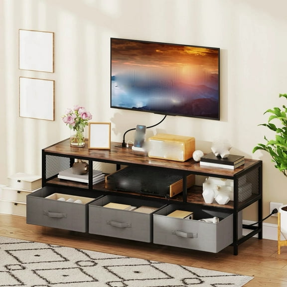 Auranook TV Stand for TVs up to 65",  Media Console Table with Open Shelf & 3 Fabric Storage Drawers for Living Room Bedroom