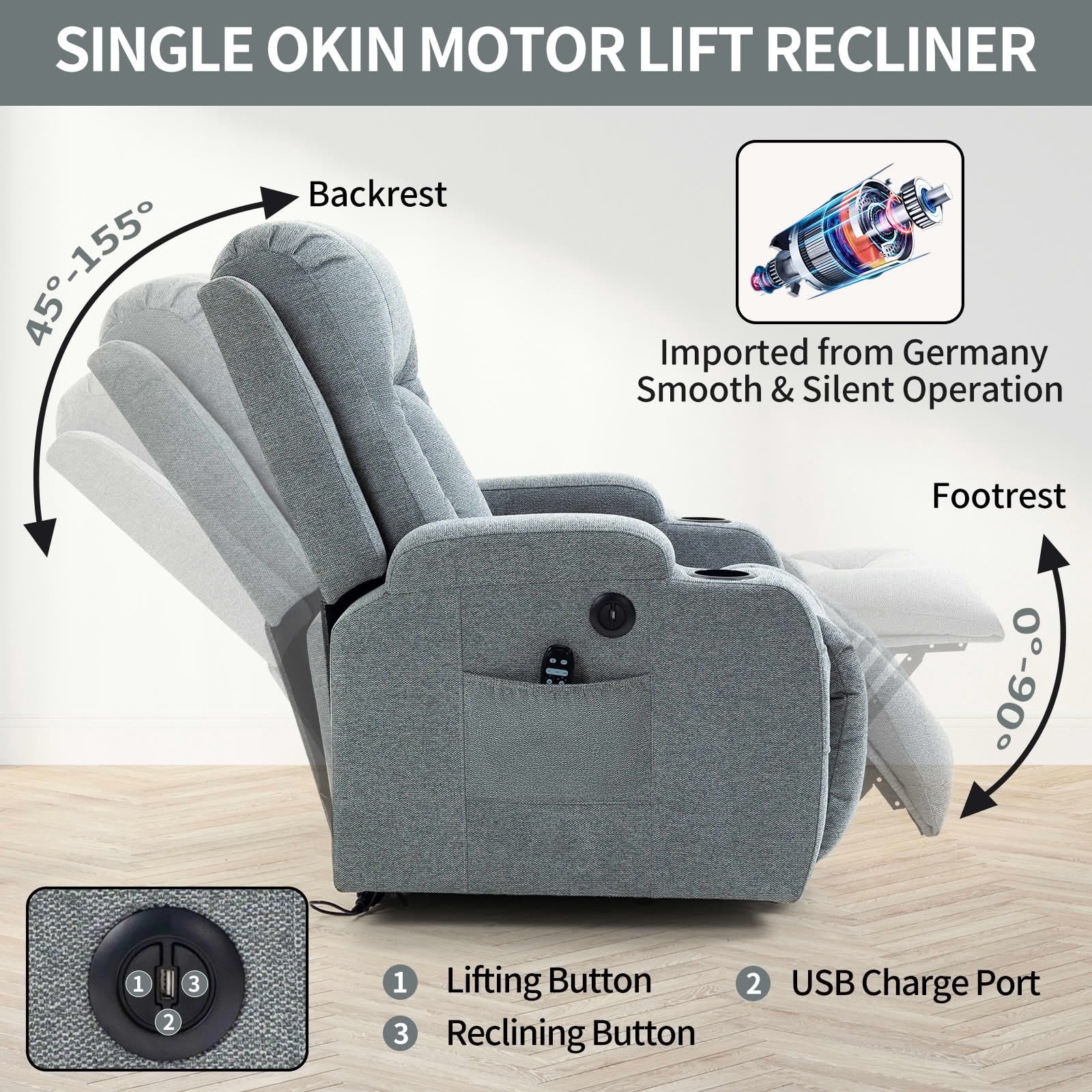 MAYEERTY Gray 350 lbs Single Motor Power Lift Recliner Chair, 8-Point Massage Heat USB Cup Holders for Elderly Living Room