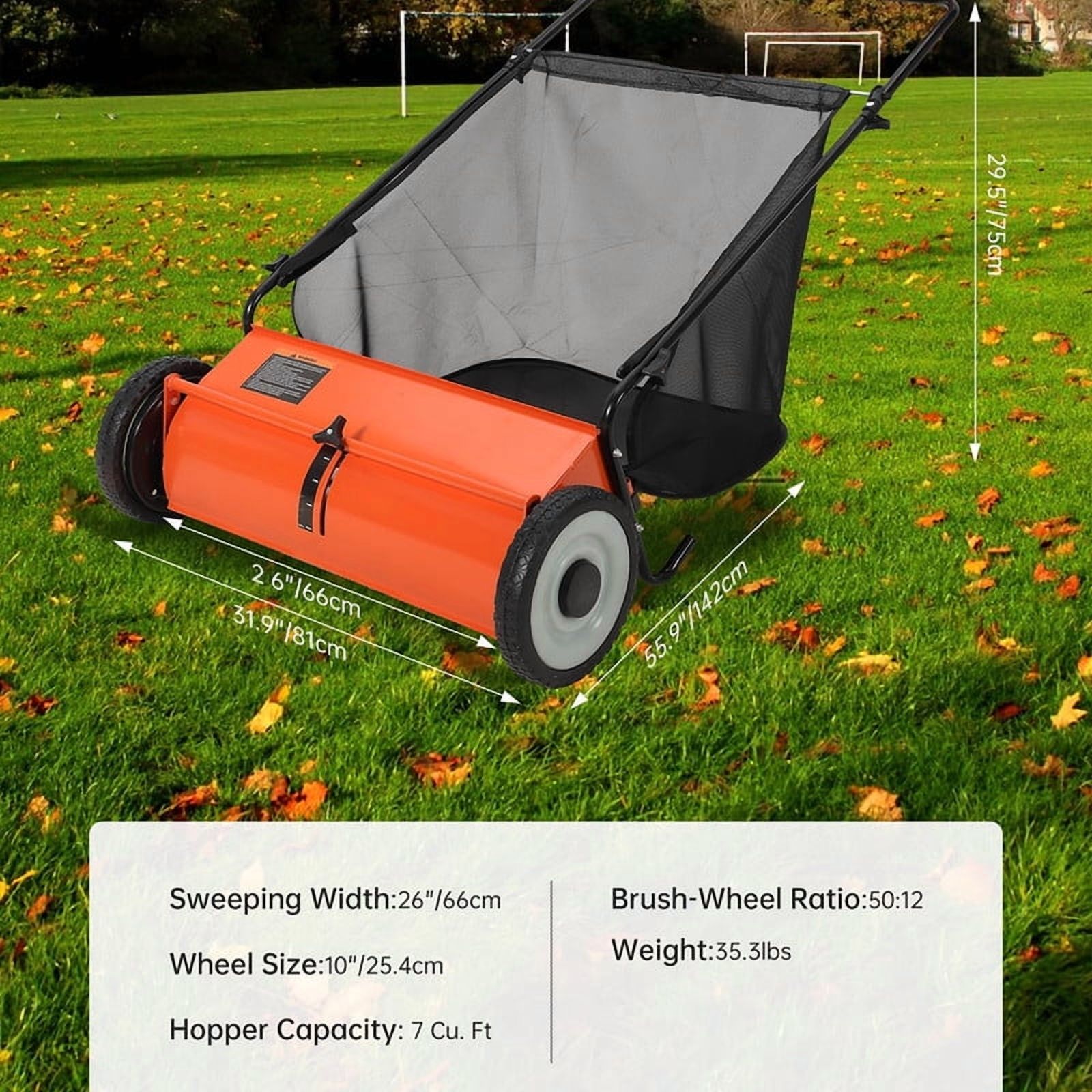 26" Heavy-Duty Push Lawn Sweeper - 4 Spinning Brushes, 7Ft³ Large Capacity Collection Bag, Adjustable Height for Grass, Leaves & Debris, Orange