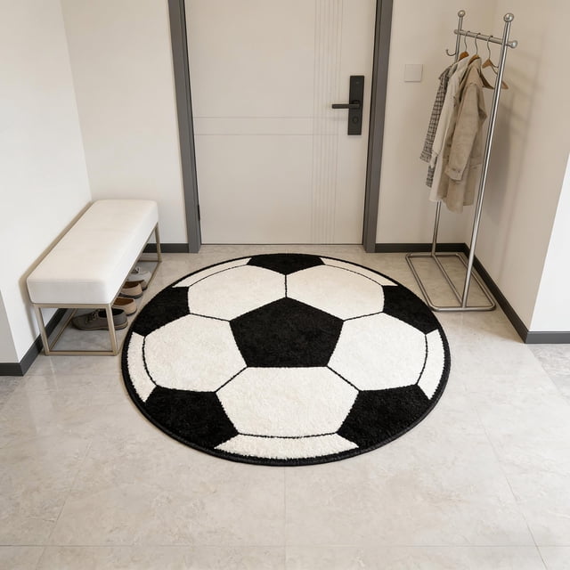 Tuvgenk Soccer Area Rugs Black Non Slip Washable Rug Polyester Circle Easy Clean Roung Rug for Living Room Bedroom