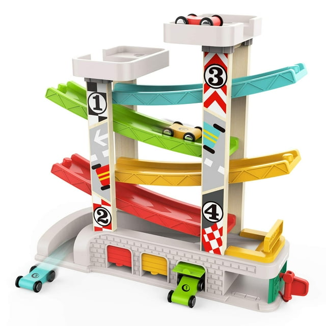 Rampa de coche de juguete Top Bright para niños de 2 a 3 años con 4 coches de madera