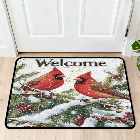 CURLYOOT Christmas Red Birds Indoor Doormat, Non-Slip Absorbent Door Mat 24" x 16", Entrance Floor Mat Washable Entry Doormats for Entryway Front Back Door