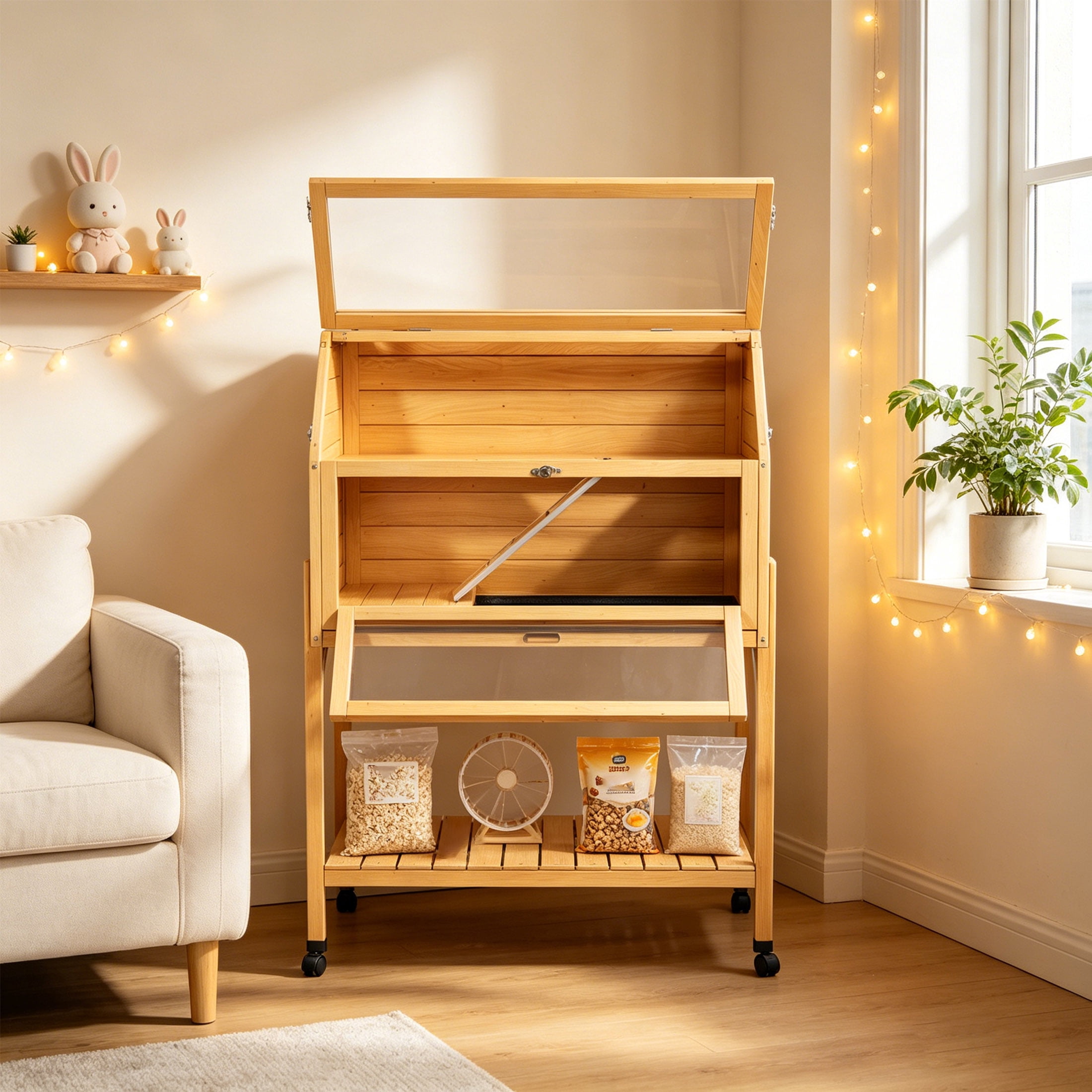 Chew Proof Wooden Hamster Cage with Storage Shelf, Movable 2 Tier Hamster Enclosure with 3 Acrylic Window, Natural