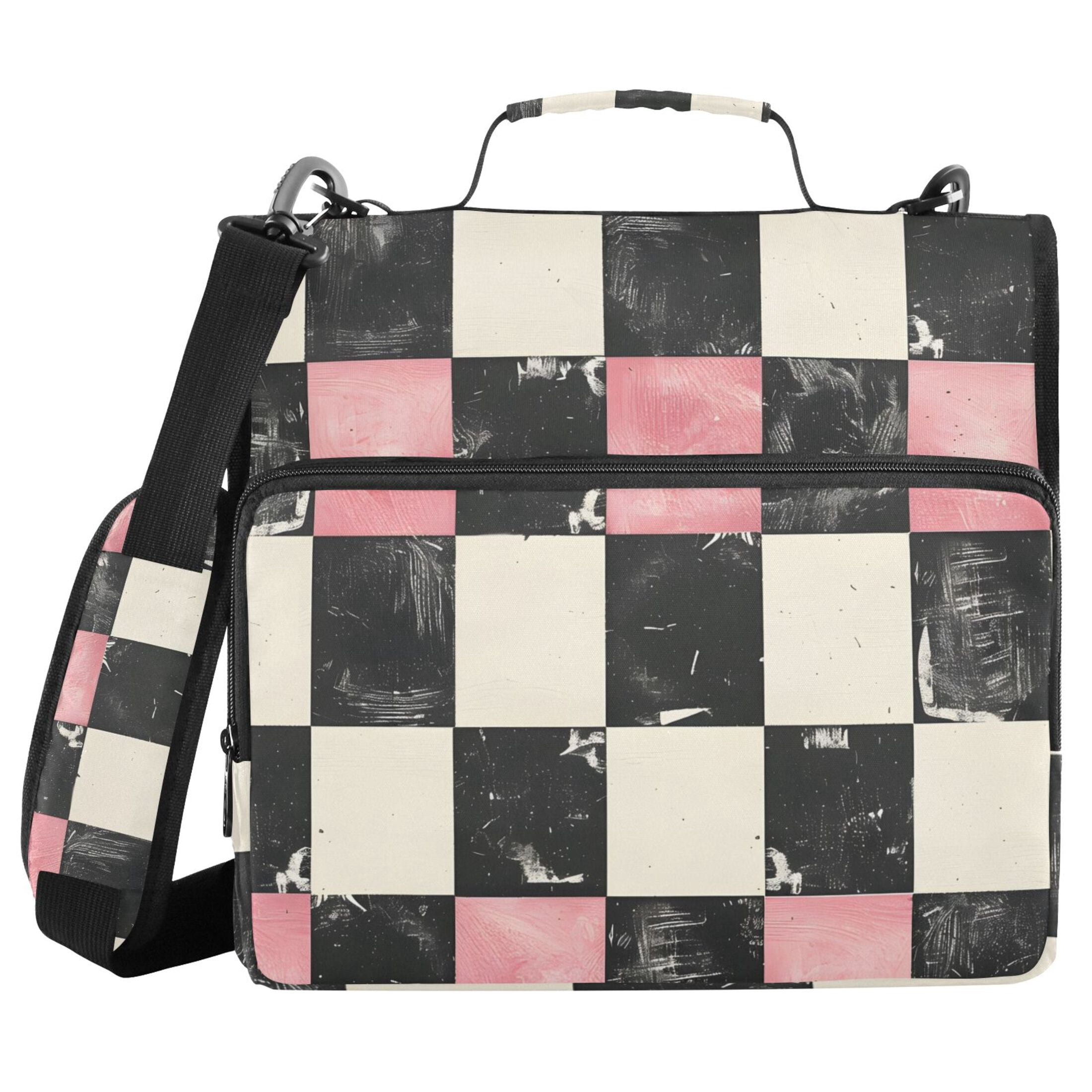 ALAZA Zipper Binder Pink and Black Checkered Pattern 3 Ring Trapper Keeper File Folder Organizer Bag