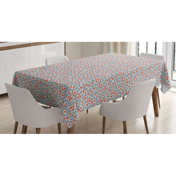 Floral Tablecloth, Spring Imagery with Warm Vintage Colors Leaves Ornamental Floral Design, Rectangle Satin Table Cover for Dining Room and Kitchen, 60" X 90", Cadet Blue Coral Cream, by Ambesonne