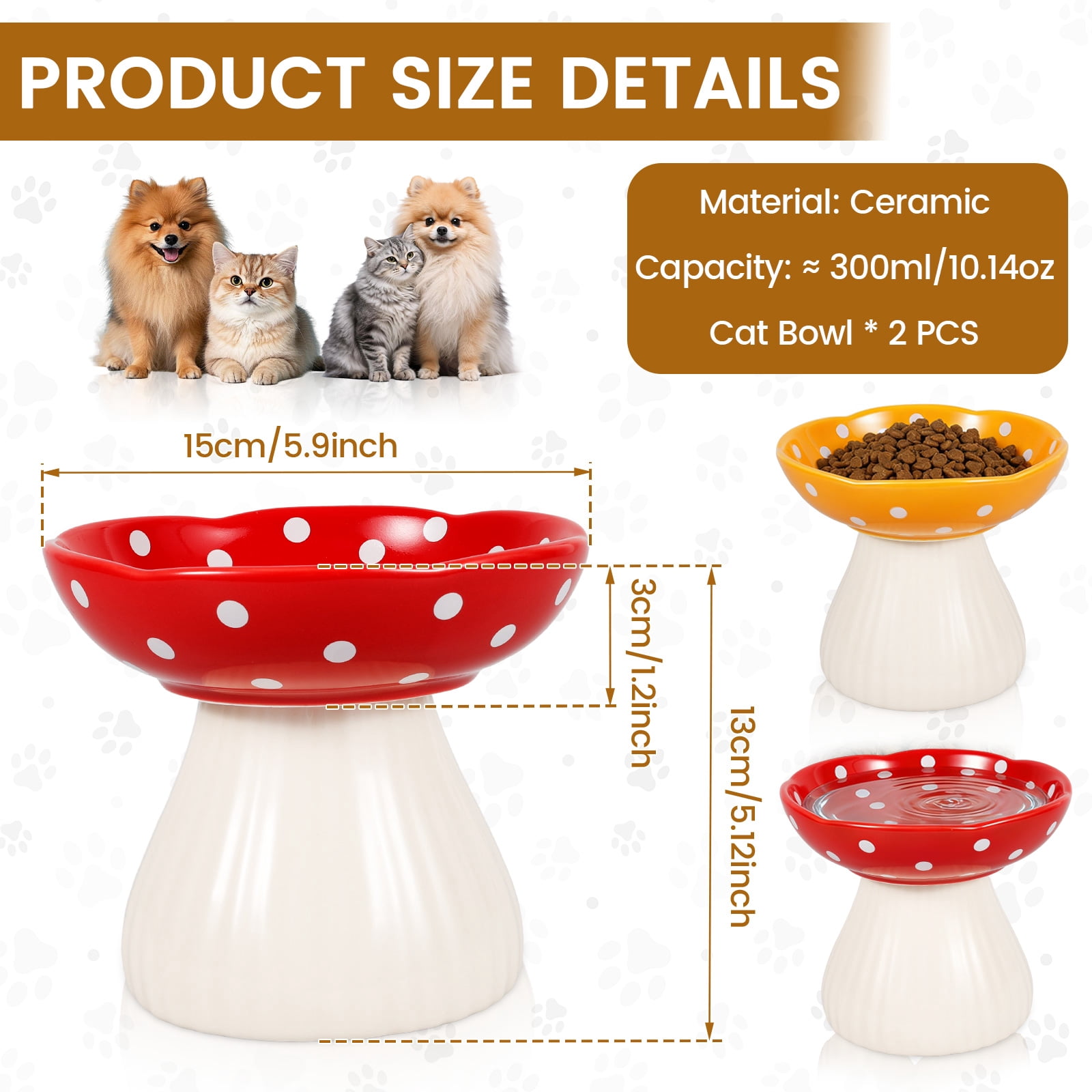 Threns Mushroom Cat Bowl,Whisker Fatigue Cat Bowl,Cute Cat Bowls,Elevated Cat Food Bowl, Lead & Cadmium Free Ceramic Cat Bowls for Food and Water,(Red+Yellow)