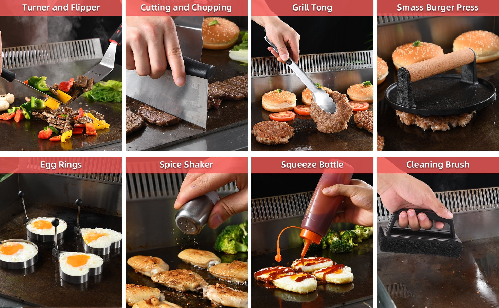 28PCS Griddle Accessories Kit, Flat Top Grill Accessories Set for Blackstone and Camp Chef, Grill Spatula Set with Enlarged Spatulas,Round Bacon Press, Basting Cover, Scraper for Outdoor BBQ