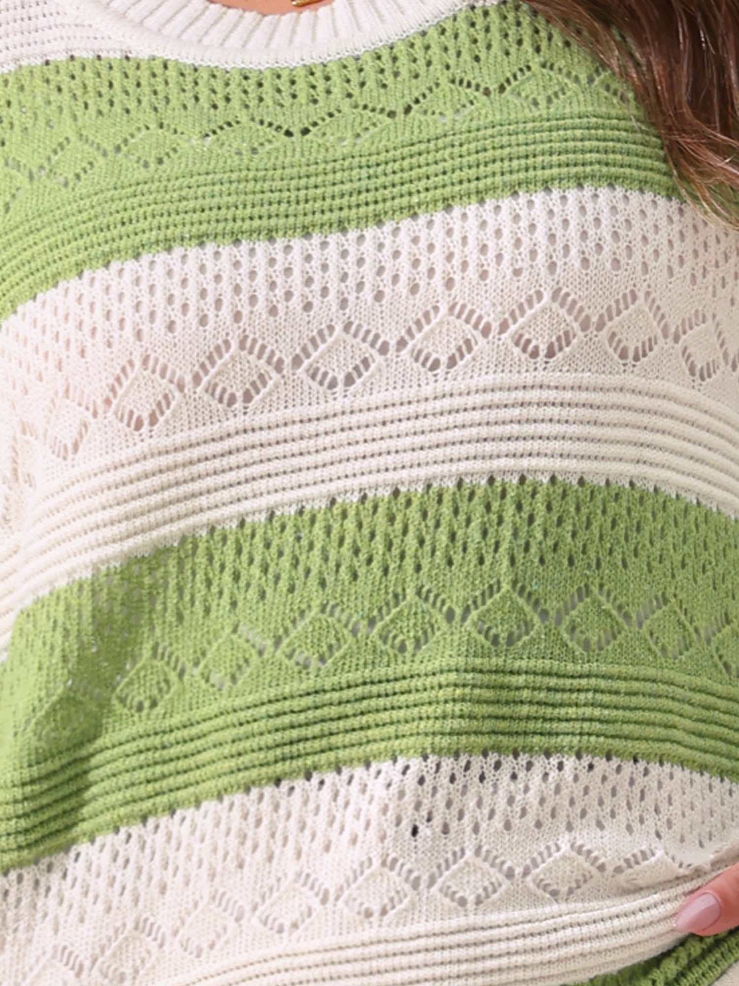 DARING DIVA Plus Size Long Sleeve Crewneck Hollow Knit Pullover 2X Green White