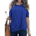 thumbnail image 5 of Wenyuyu Women’s Cold Shoulder T Shirts Short Sleeve Round Neck Tops Summer Trendy Casual Knot Twist Tunic Tee Blouses Blue XL, 5 of 7