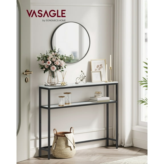 2-Tier Narrow Console Table with Marble White Top, 39.4 Inch Sofa Table for Entryway Living Room, Black Frame
