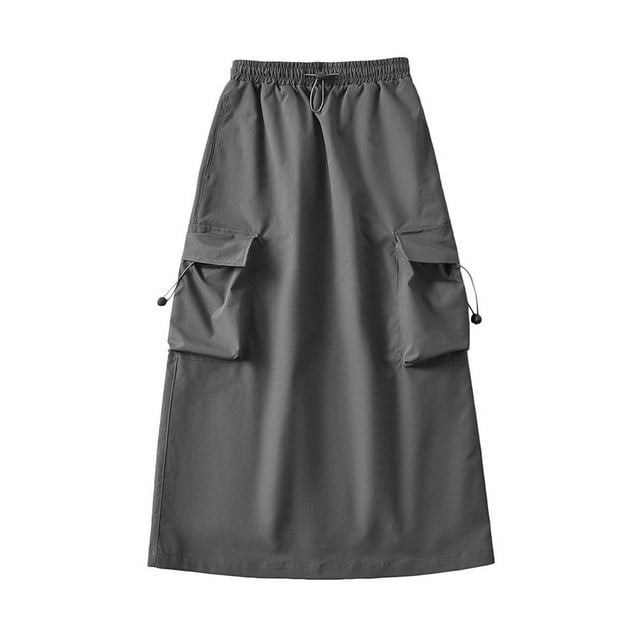 FAIWAD Women Cargo Skirt Elastic Waist Drawstring Maxi Skirt Ruched Vintage A-Line Cargo Skirt with Pockets