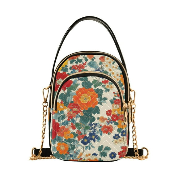 FORMRS Crossbody Bag for Women Quilted Travel Shoulder Cell Phone Purse with Chain Strap Handbag, Orange Japanese Flowers Pattern