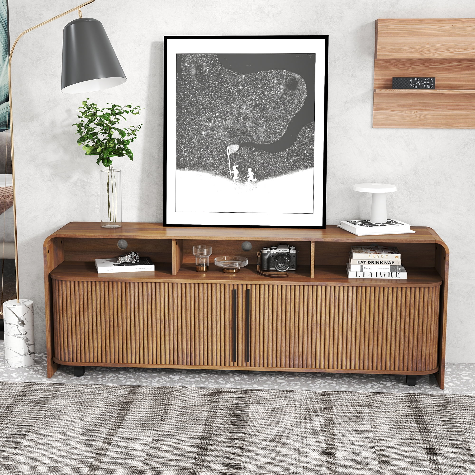 Mid Century Modern TV Stand for Bedroom, Fluted Entertainment Center for TVs up to 75 Inch, Media Console with Sliding Doors for Living Room, Walnut