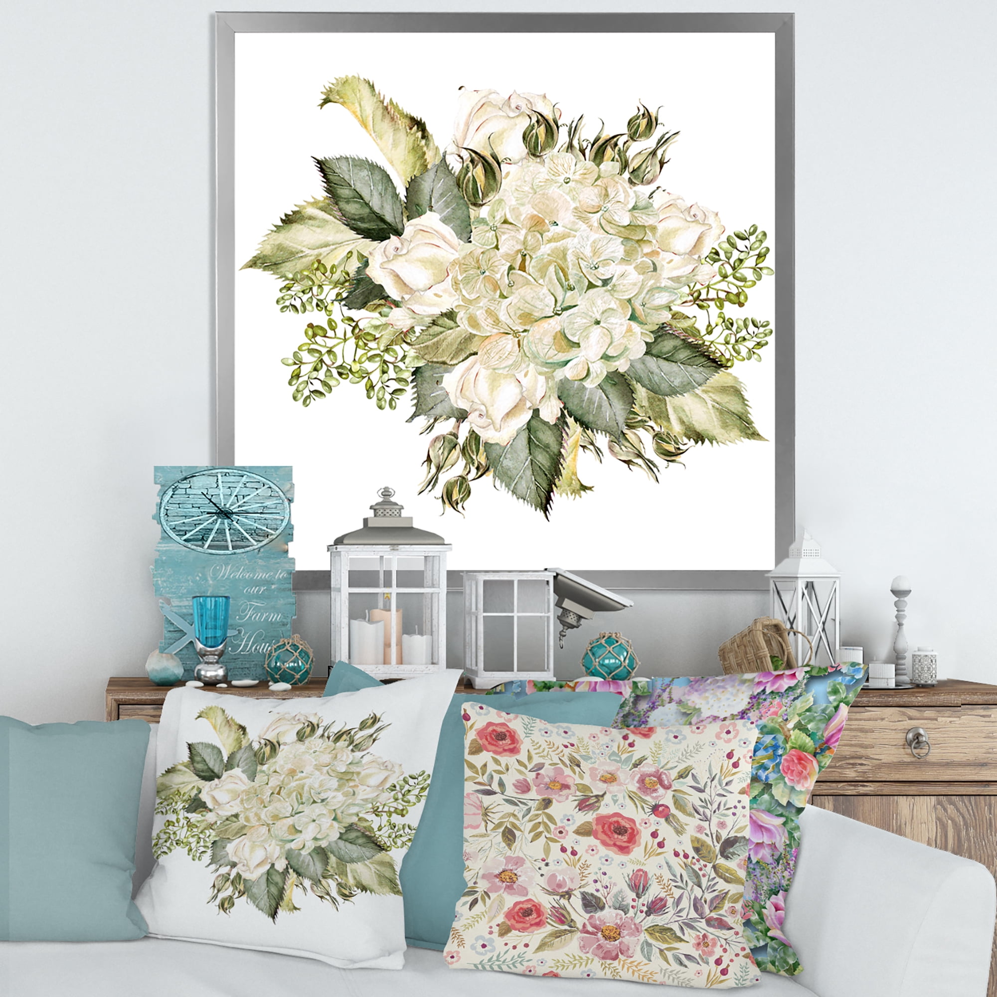 Designart 'Beautiful Bouquet With Roses and Hudrangea' Farmhouse Framed Art Print