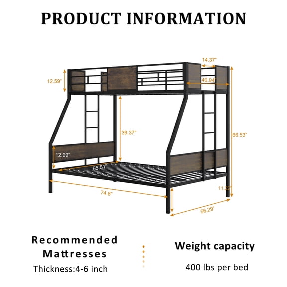 Bunk Bed with Trundle, Twin Over Full Bunk Bed - Metal and Wood Frame with Safety Guardrail and 2 Ladders, Includes Protective Board Supports, Space Saving Design, Easy Assembly, Brown
