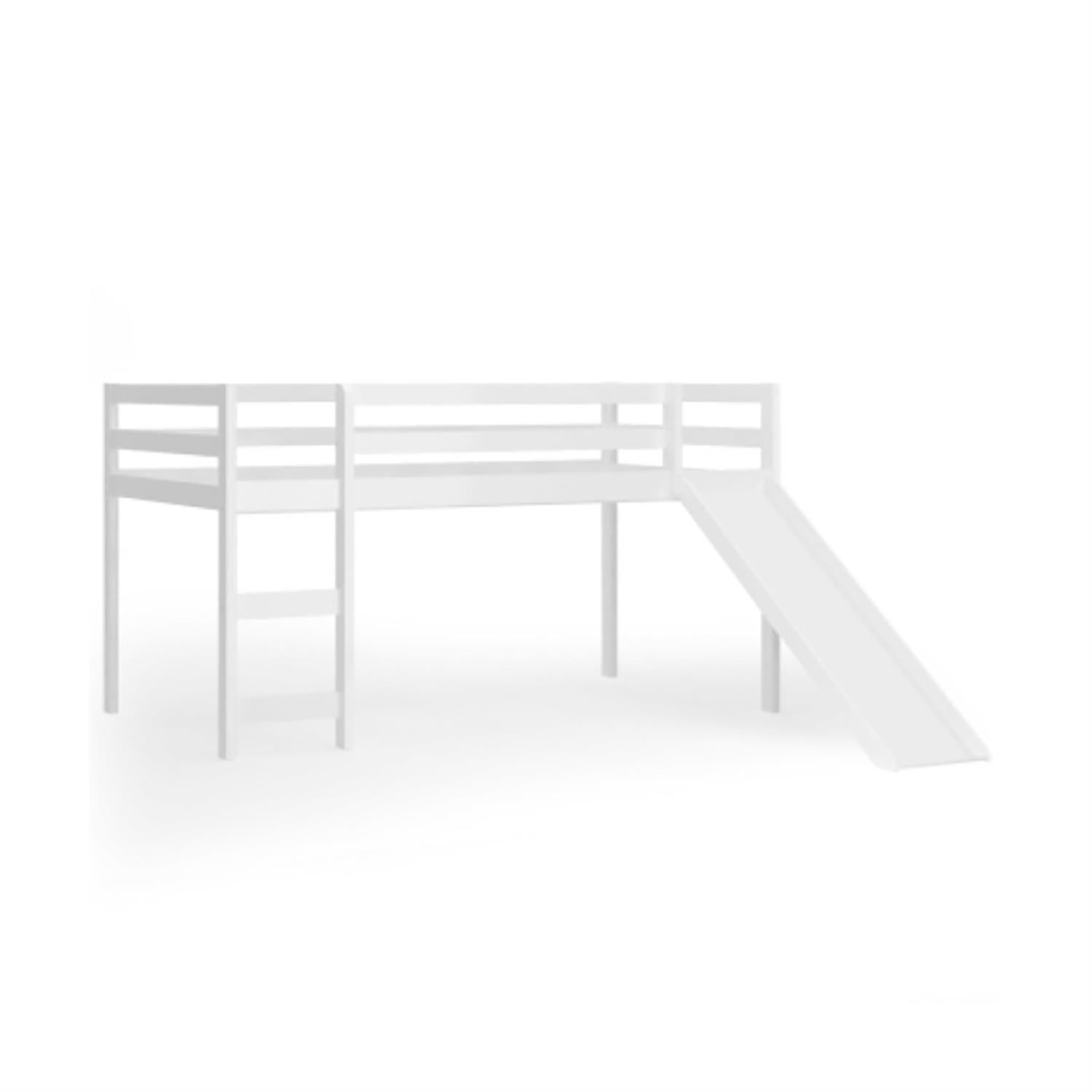 Demi Bonn Twin Over Twin Floor Bunk Bed with Slide and Ladder, Solid Pine Wood Low Bunkbeds with Safety Guardrails for Dorm, Bedroom, Guest Room, White