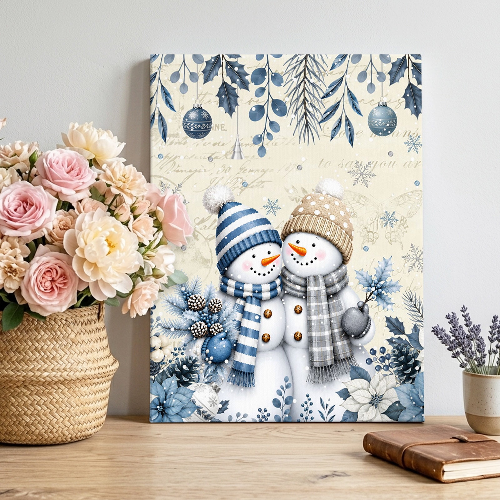 Christmas Snowmans Canvas Wall Art Blue White Poinsettia Border Pine Cones Beige Pictures Wall Decor Wooden Framed Artwork Art Prints for Living Room Hallway Bedroom Office 8 x10