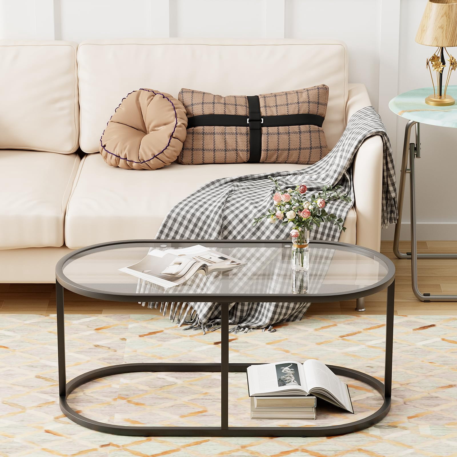 Coffee Table Black Glass Coffee Tables for Living Room, Oval Table Center Table with Sturdy Metal Frame,Modern Tempered Glass Accent Tables for Bedroom Home Office
