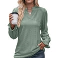 thumbnail image 2 of TEMOFON Womens Long Sleeve Tops Fall Ruffle Puff Long Sleeve Blouses V Neck T Shirts Cute Tunic Sweatshirts Dressy Loose Fit Solid Color Green Size L, 2 of 5
