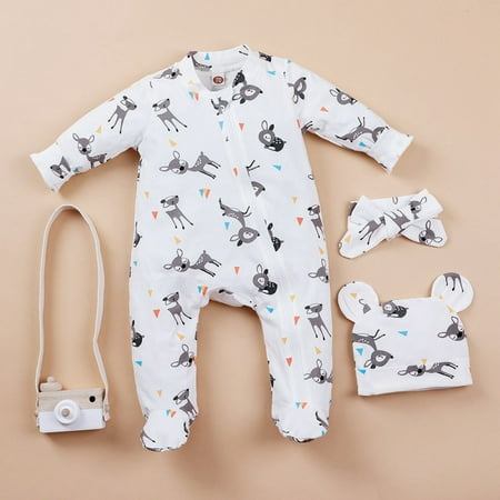 

Forzero Spring Infant Baby Bodysuit Girls Boys Long Sleeve Cartoon Animal Print Rompers Jumpsuit Hat Headband Kids Outfits Set
