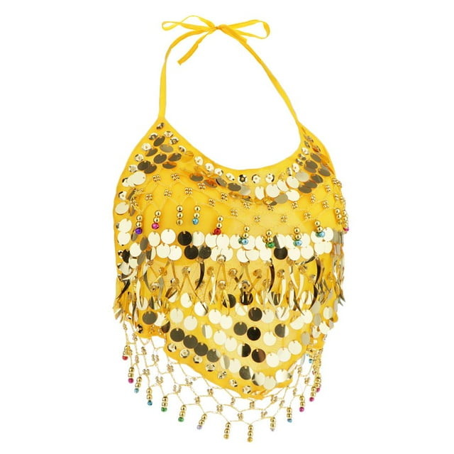 Top de Cuello Hálter sin Mangas con de Lentejues y Monedas Amarillo Zulema Top sin mangas para danza del vientre para mujer