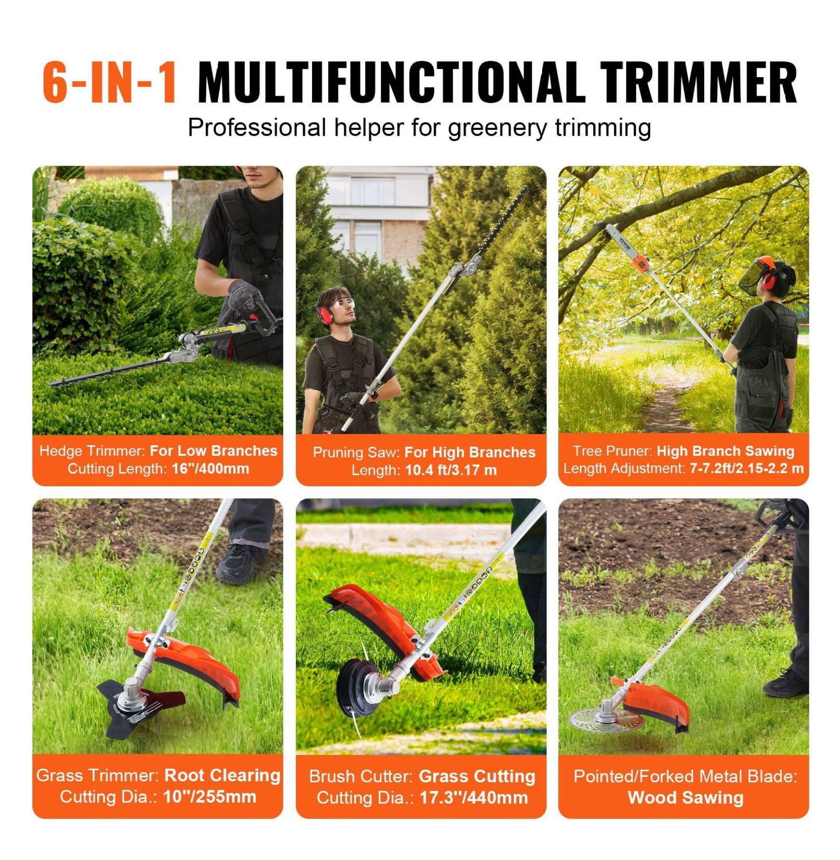 Gas Hedge Trimmer 33CC 6-in-1 Multi-Tool - Weed Eater, Pruner, Pole Saw, Brush Cutter w/Attachments