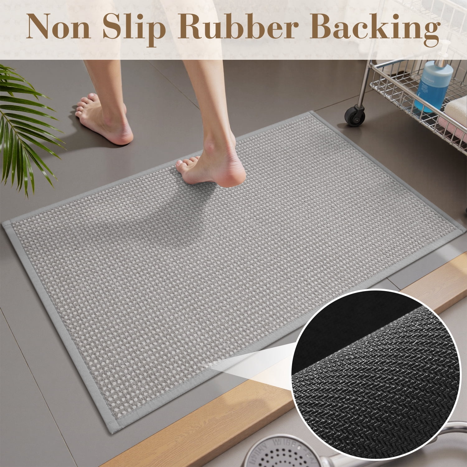FEELHOME Bathroom Rug Non Slip Absorbent Bath Mat Woven Quick Dry Machine Washable Bathroom Mat with Rubber Backing Ultra Thin Bathroom Rugs Fit Under Door 20"x32" Gray