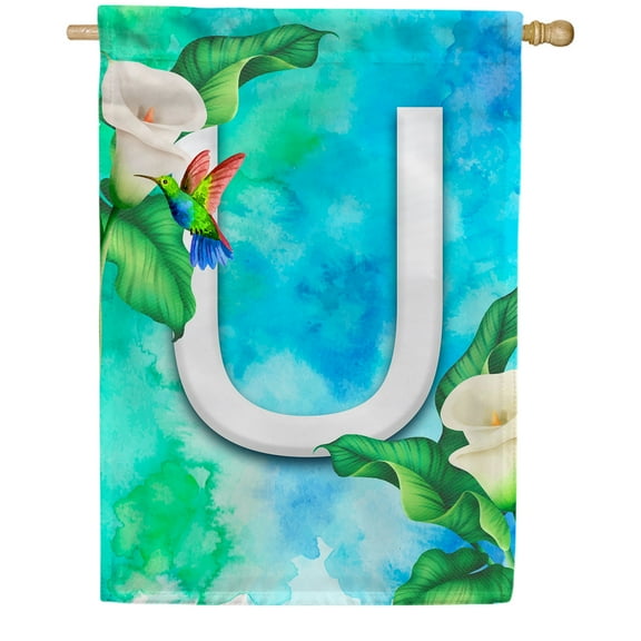 America Forever Summer Flowers Birds Monogram House Flag Letter U 28 x 40 inches Hummingbird Calla Lily Spring Floral Double Sided Vertical Outdoor Yard Lawn Decorative White Floral House Flag