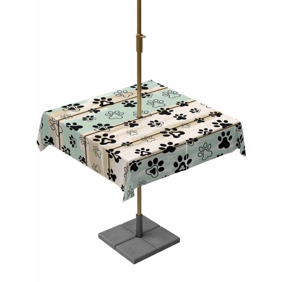 Outdoor Tablecloths with Umbrella Hole & Zipper, Sage Green Beige Farmhouse 54x54 Inch Square Tablecloths, Black Dog Paw Vintage Wooden Waterproof Table Cloth, Patio/Pool/Picnic Table Covers