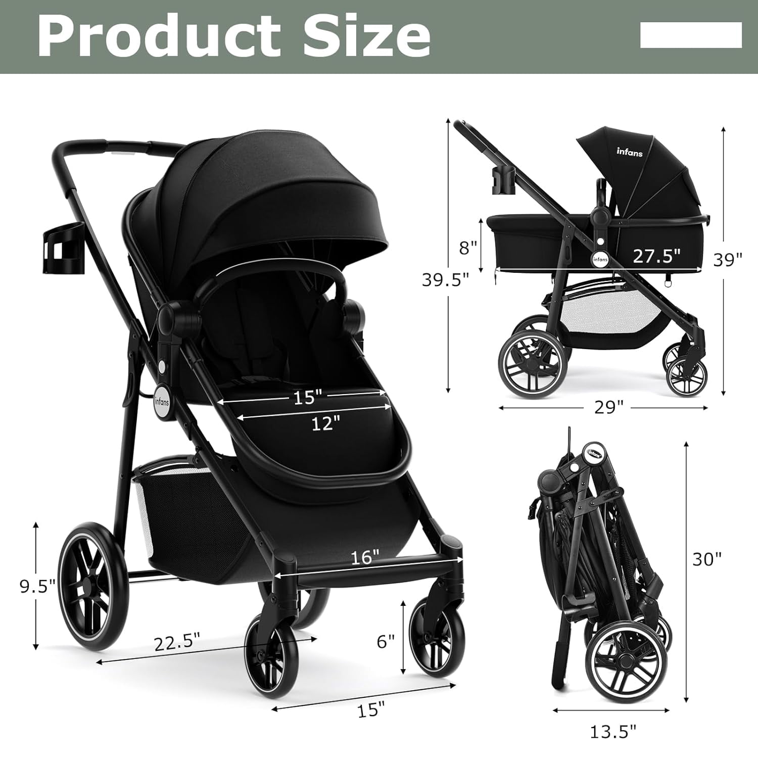 INFANS 2 in 1 Baby Stroller, High Landscape Infant Stroller, Foldable Pushchair with Adjustable Canopy, Cup Holder, Storage Basket, Suspension Wheels (Black)